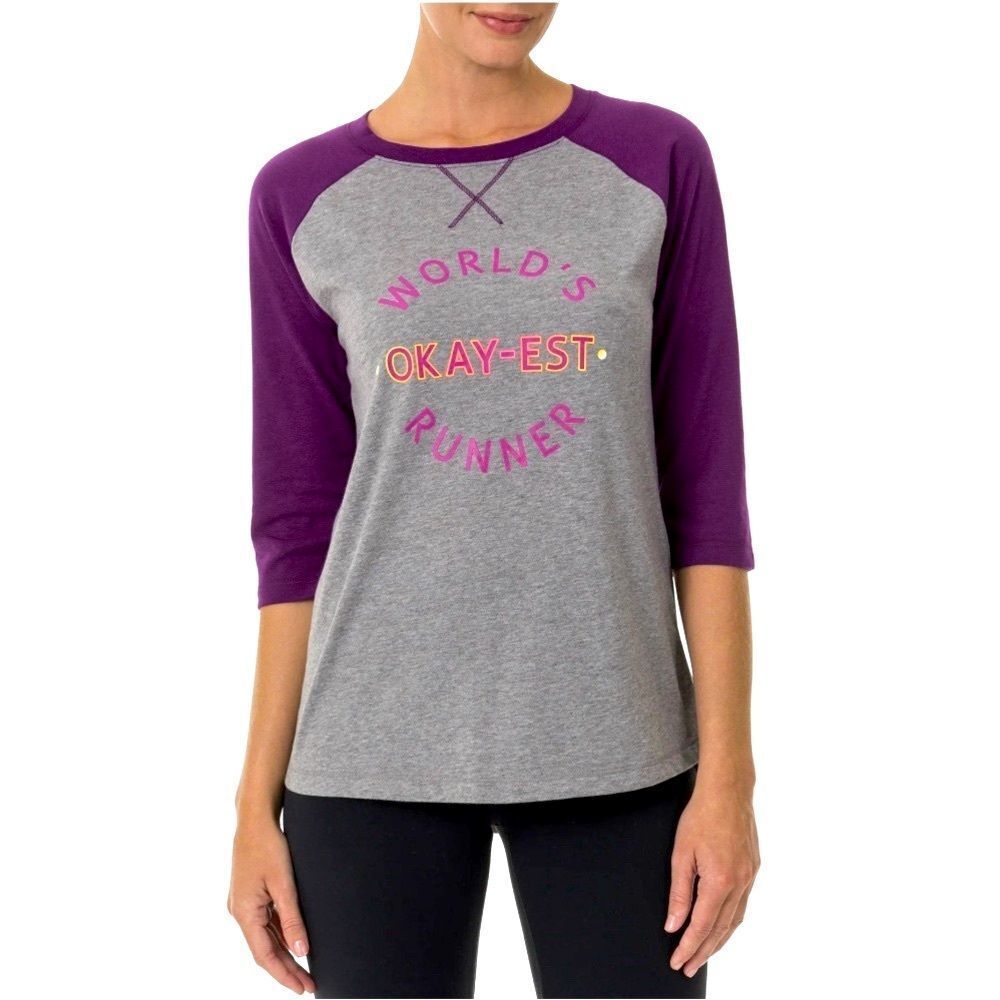 WORLD’S OKAY-EST RUNNER Grey and Purple Graphic Baseball T-Shirt Size Medium